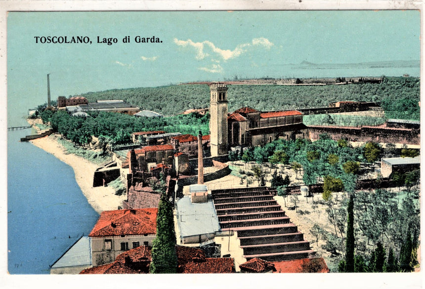 Cartolina antica Toscolano nel lago di Garda panorama