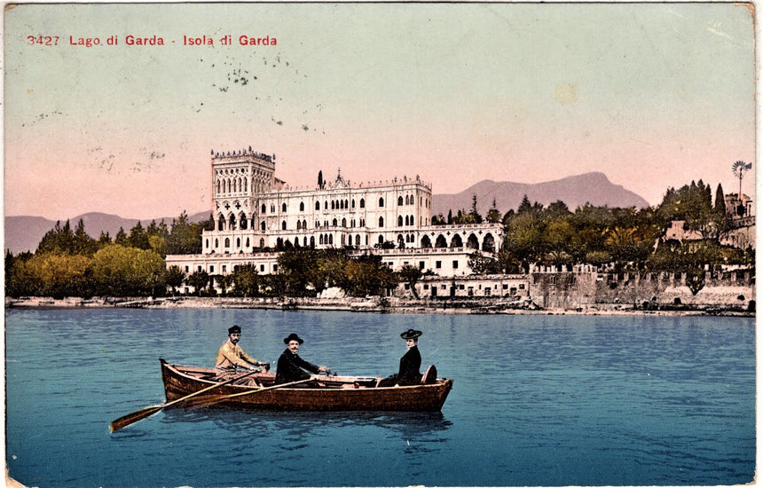 Cartolina antica Garda isola del Garda con Hotel