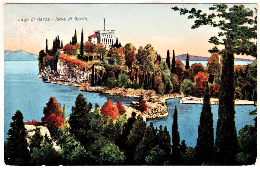 Cartolina antica Garda isola Garda panorama
