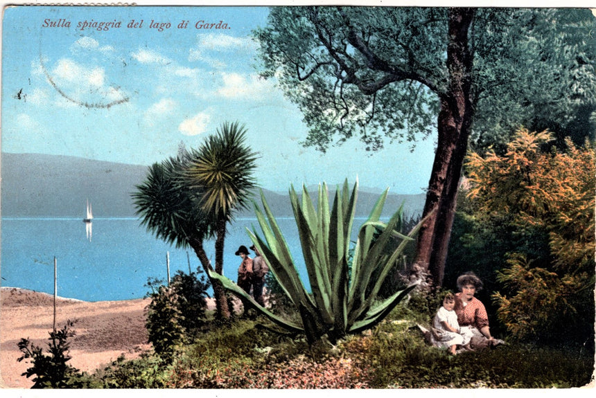 Cartolina antica Garda motivo sulla spiaggia del lago di Garda bollo 5 Heller