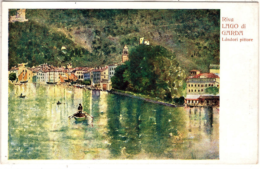 Cartolina antica Riva lago di Garda dis. Landori pittore