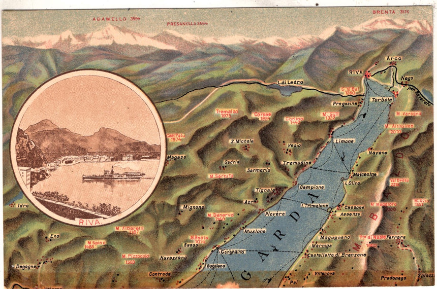 Cartolina antica Garda cartolina geografica del lago di Garda
