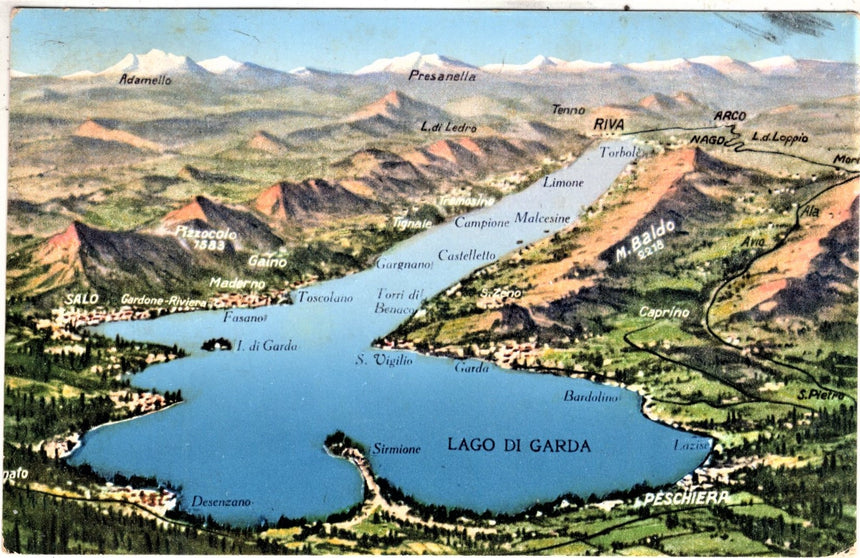 Cartolina antica Garda cartolina geografica del lago di Garda