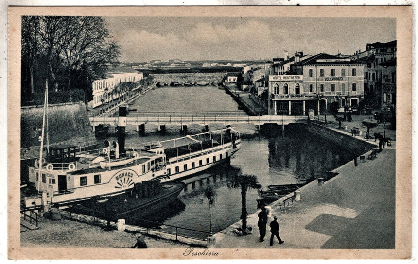 Cartolina antica Peschiera del Garda traghetto Benaco e Hotel Montresor