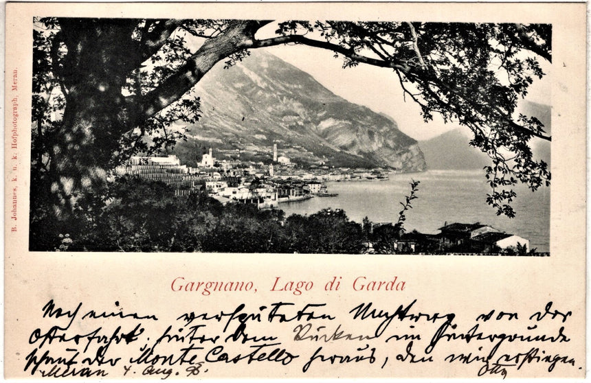 Cartolina antica Gargnano del Garda spedita da Merano per Parcines