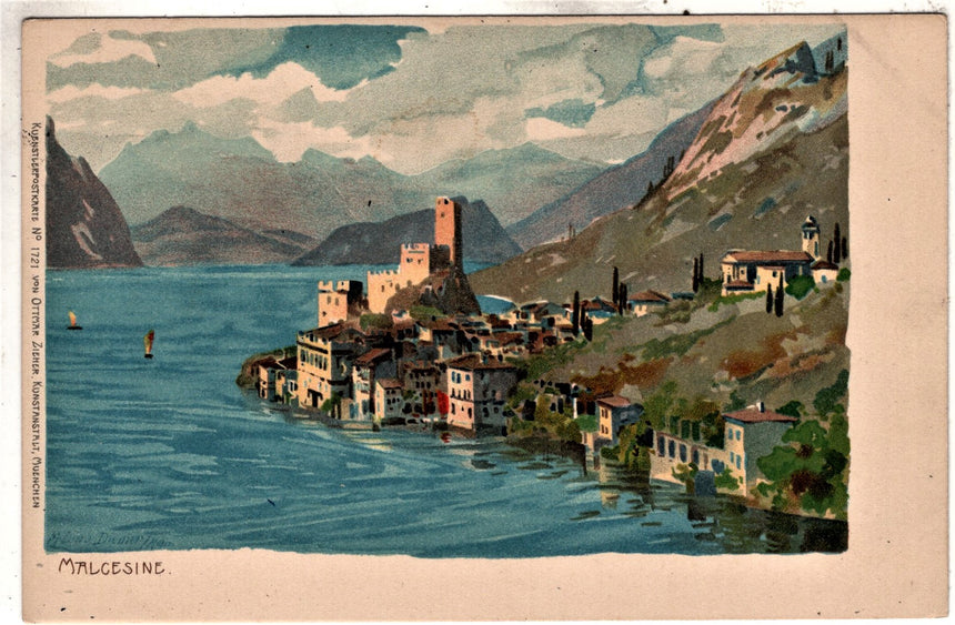 Cartolina antica Malcesine lago del Garda dis. Zeno Diemer