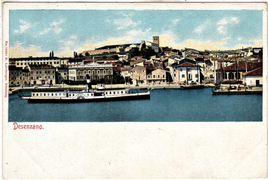 Cartolina antica Desenzano lago del Garda panorama con battello Depretis