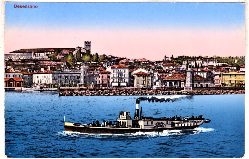 Cartolina antica Desenzano lago del Garda panorama con battello