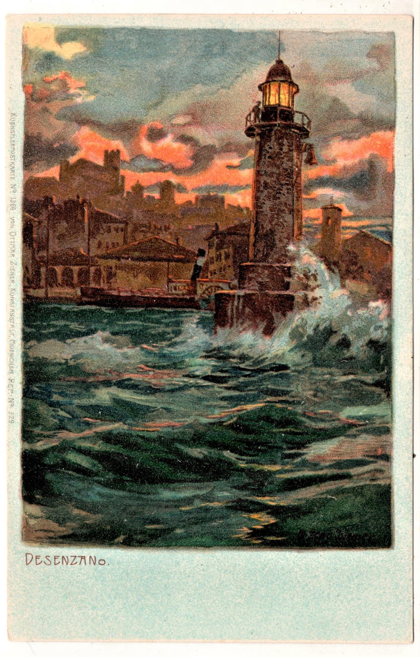 Cartolina antica Desenzano lago di Garda dis. Zeno Diemer