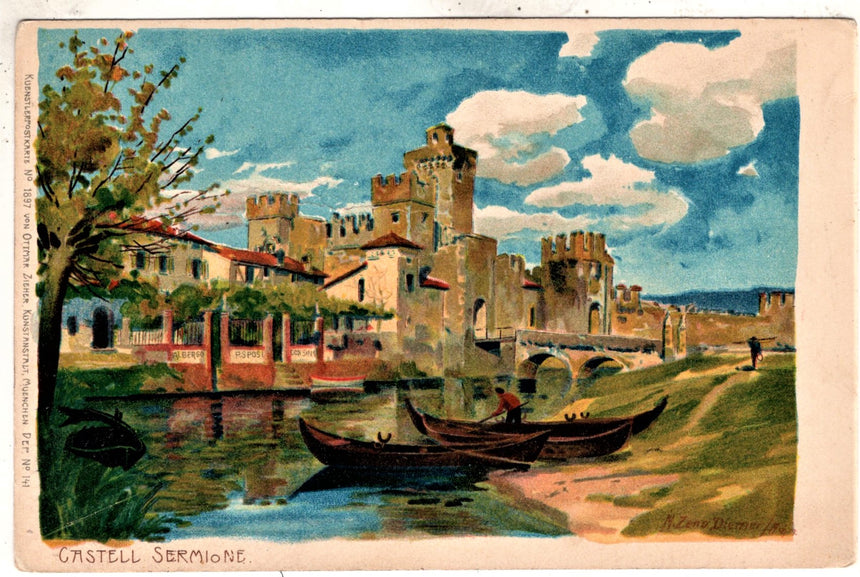 Cartolina antica Sirmione lago di Garda il castello Zeno Diemer