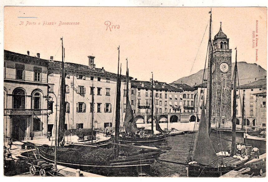 Cartolina antica Riva di Trento il porto e piazza Benacense