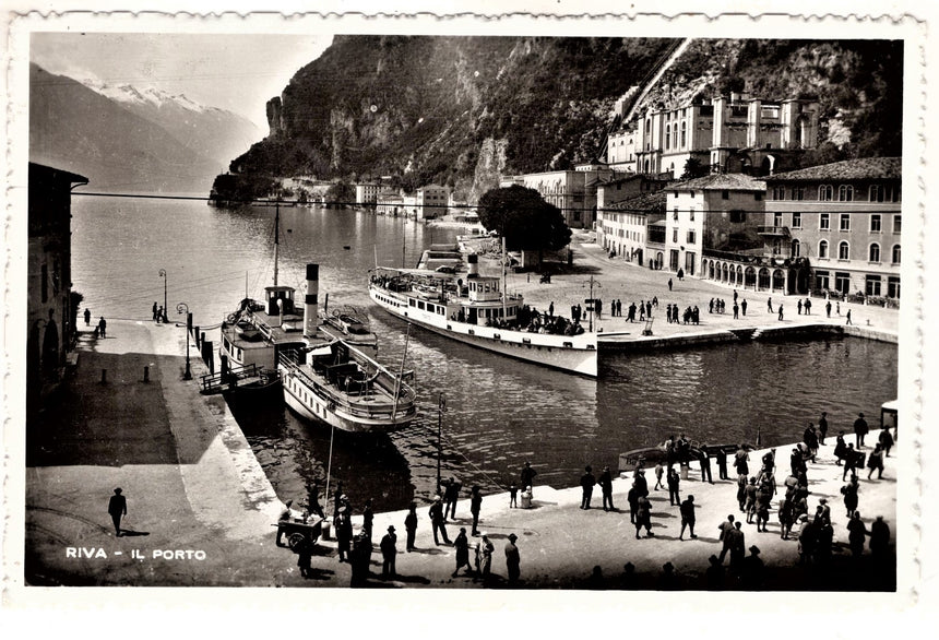 Cartolina antica Riva di Trento vaporetti in porto