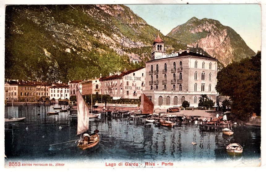 Cartolina antica Riva di Trento panorama con il porto