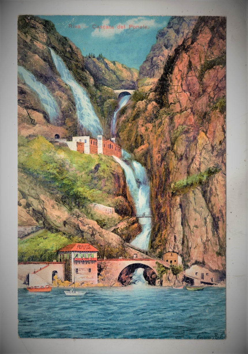 Cartolina antica Riva Trento la cascata del Ponale