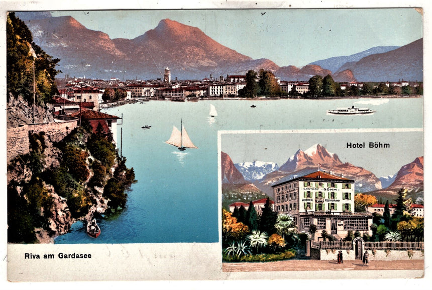 Cartolina antica Riva di Trento lago di Garda auguri dall Hotel Bòhm