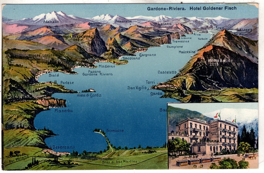 Cartolina antica Gardone Riviera am Gardasee Hotel Goldene Fisch