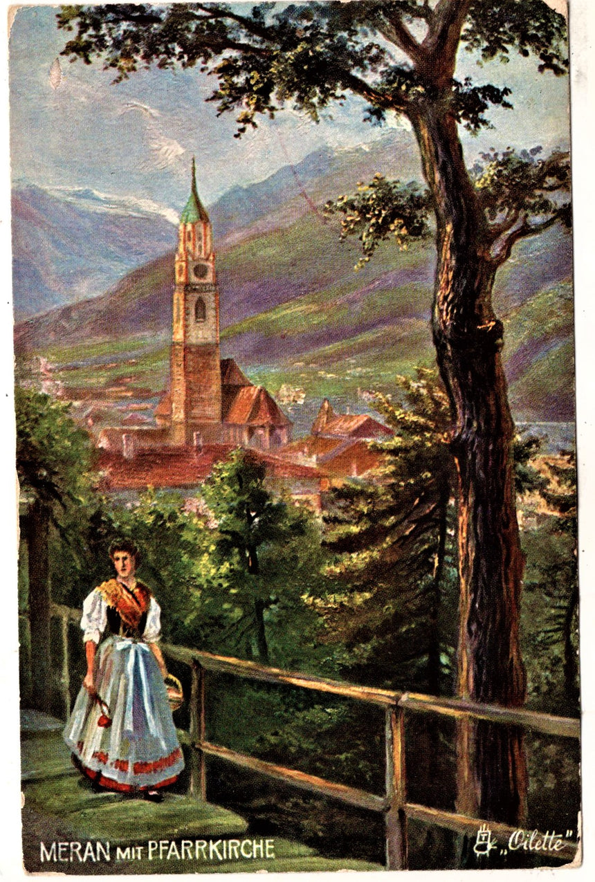 Cartolina antica Meran mit Pfarrkirche Sudtirol Oilette