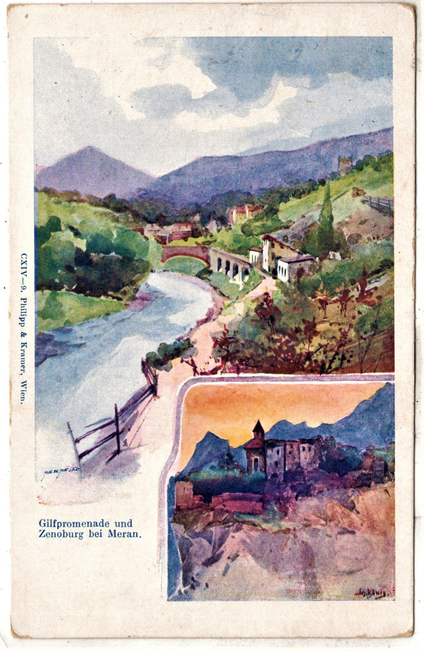 Cartolina antica Merano Gilpfpromenade und Zenoburg bei Meran