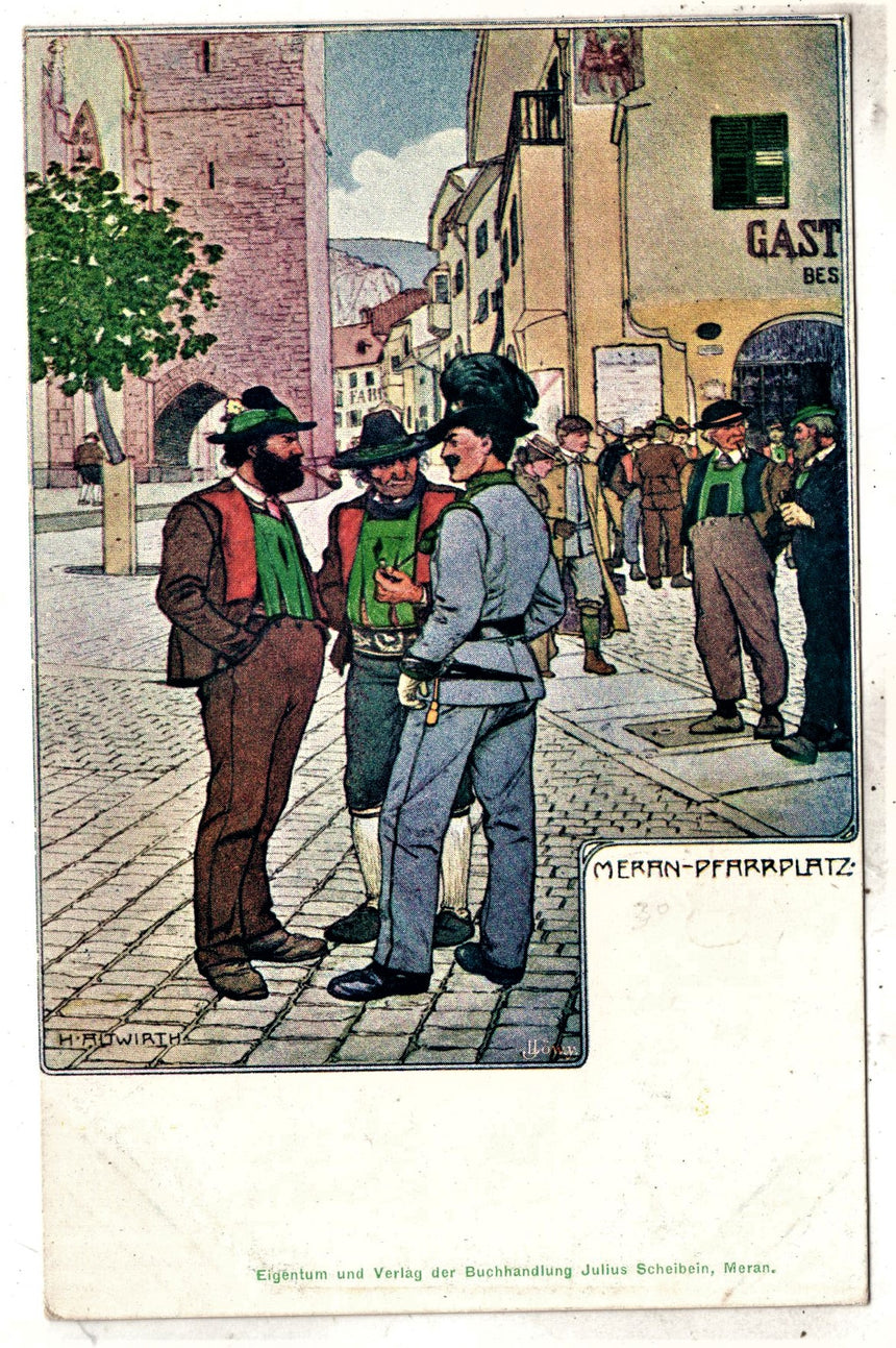 Cartolina antica Meran in Sudtirol Pfarrplatz