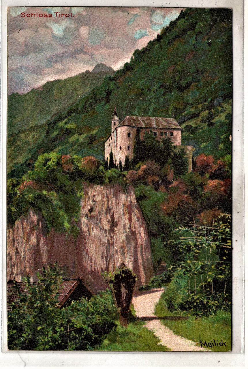 Cartolina antica Meran castel Trolo disegno Mailick