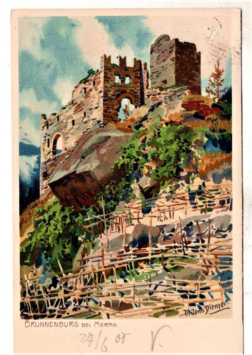 Cartolina antica Merano Brunnenburg bei Meran dis. Zeno Diemer