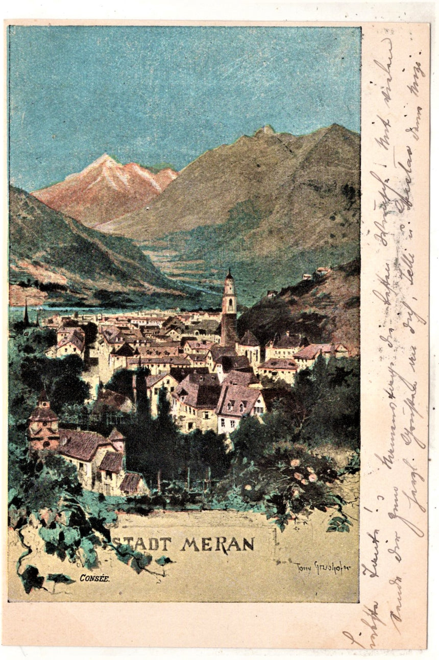 Cartolina antica Merano Stat Meran dis. Grubhofer
