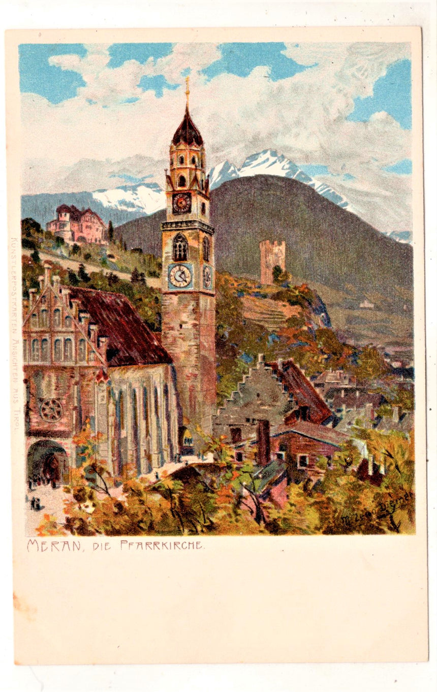 Cartolina antica Meran die Pfarrkirche dis. Zeno Diemer