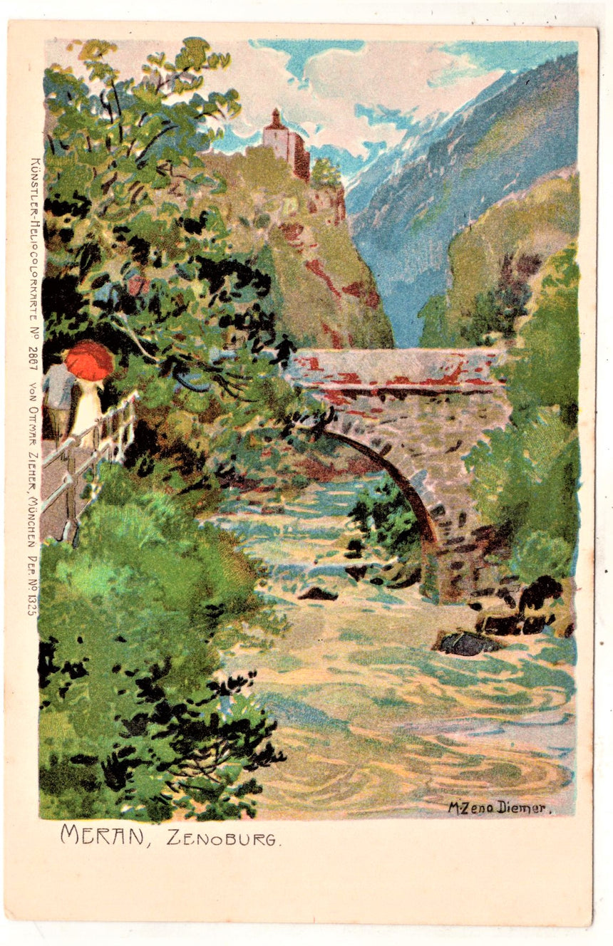 Cartolina antica Meran die Zenoburg dis. Zeno Diemer
