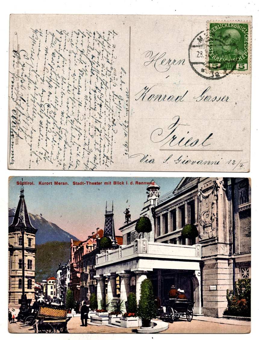 Cartolina antica Meran Stadt Theater mit Blick Rennweg