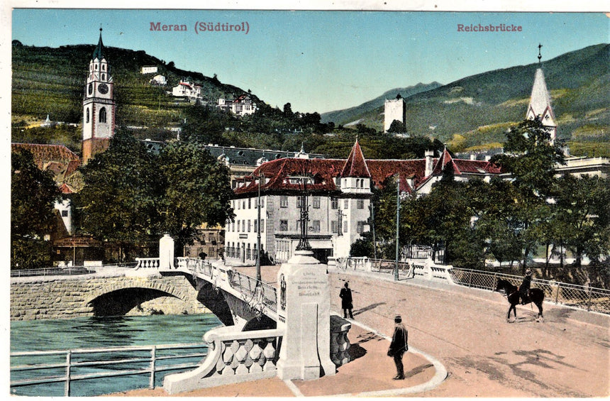 Cartolina antica Meran Reichsbrucke in Sudtirol