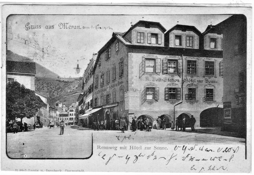Cartolina antica Meran Rennveg mit Hotel zur Sonne