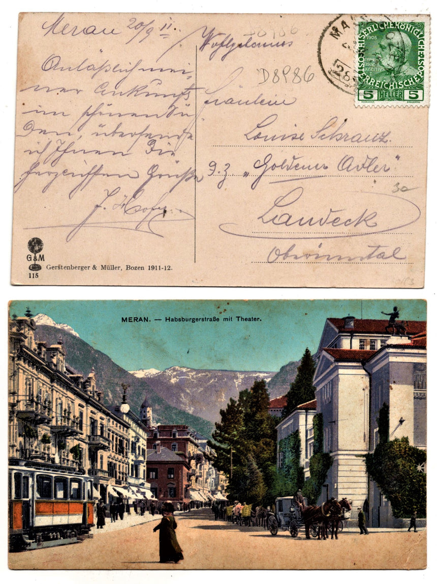 Cartolina antica Meran Habsburgerstrasse mit Theater  Mals - Bozen