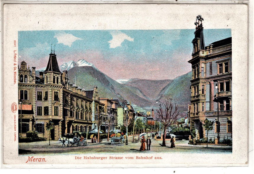 Cartolina antica Meran Habsburgerstrasse vom Bahnhof aus