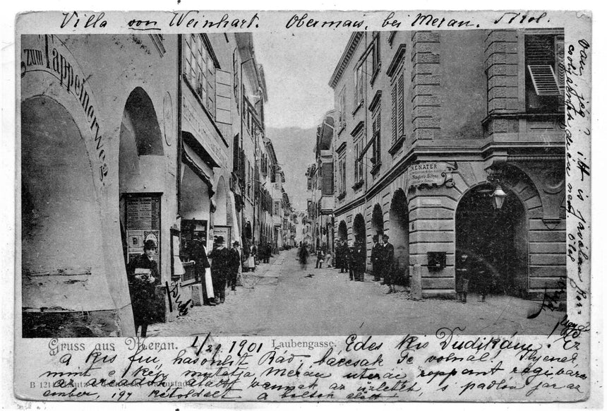 Cartolina antica Merano Gruss aus Meran laubengasse