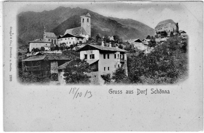 Cartolina antica Merano Gruss aus Dorf Schonna