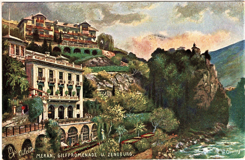 Cartolina antica Merano Gilfpromenade bei Meran dis. Oilette
