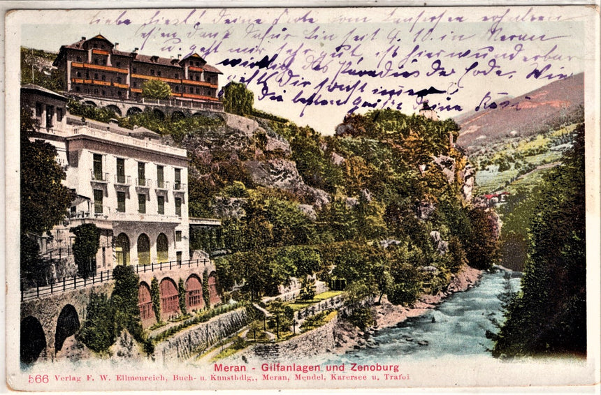Cartolina antica Merano Gilfpromenade und Zenoburg