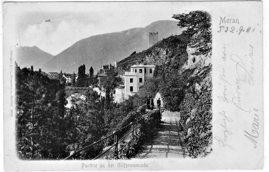 Cartolina antica Merano parthie an der Gilfpromenade