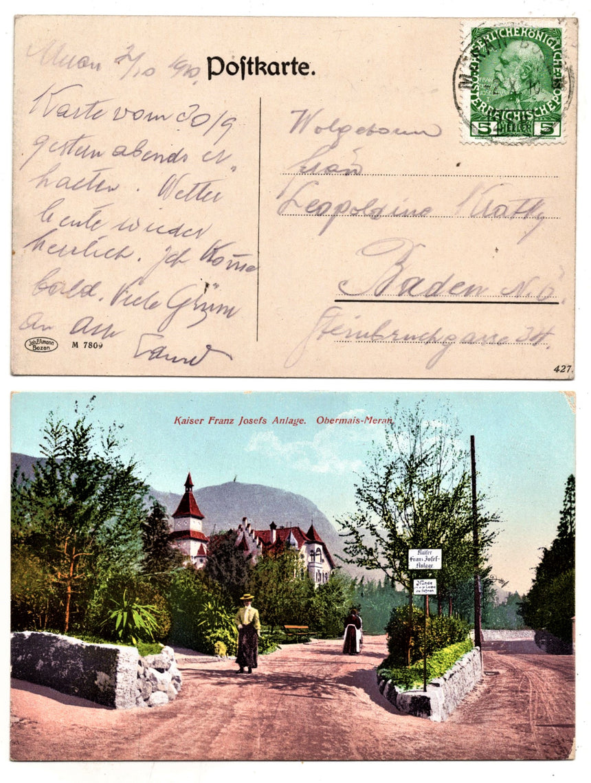 Cartolina antica Merano Kaiser Franz Josef anlage Obermais Meran