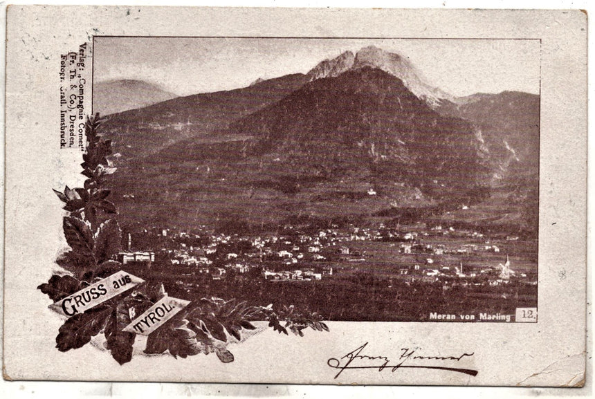 Cartolina antica Merano Gruss aus Tirol Neran vom Marling