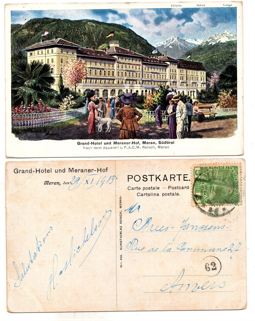 Cartolina antica Merano Grand Hotel und Meraner Hof dis. Reisch