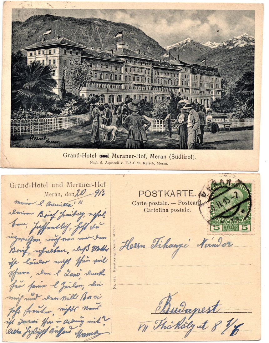 Cartolina antica Merano Grand Hotel und Meraner Hof dis. Reisch