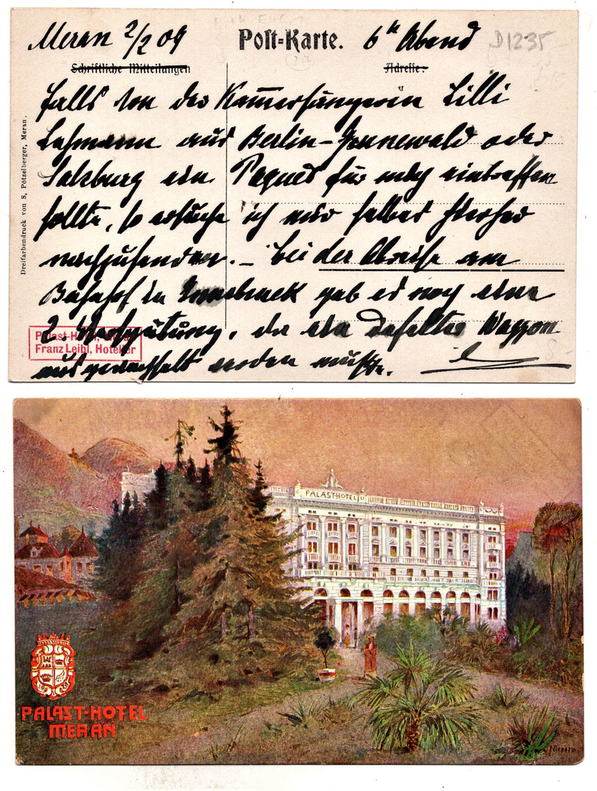 Cartolina antica Merano Palast Hotel scritta viagg. In busta