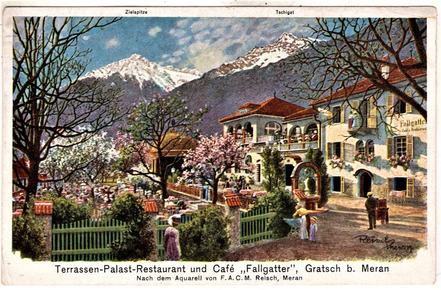 Cartolina antica Merano Cafè Restaurant Fallgatter Meran Reisch