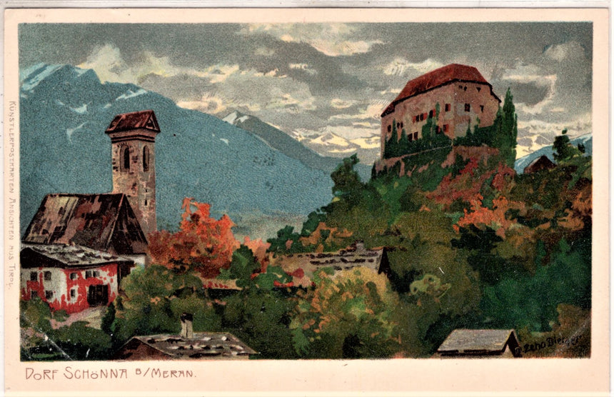 Cartolina antica Merano Dorf Schònna bei Meran Zeno Diemer