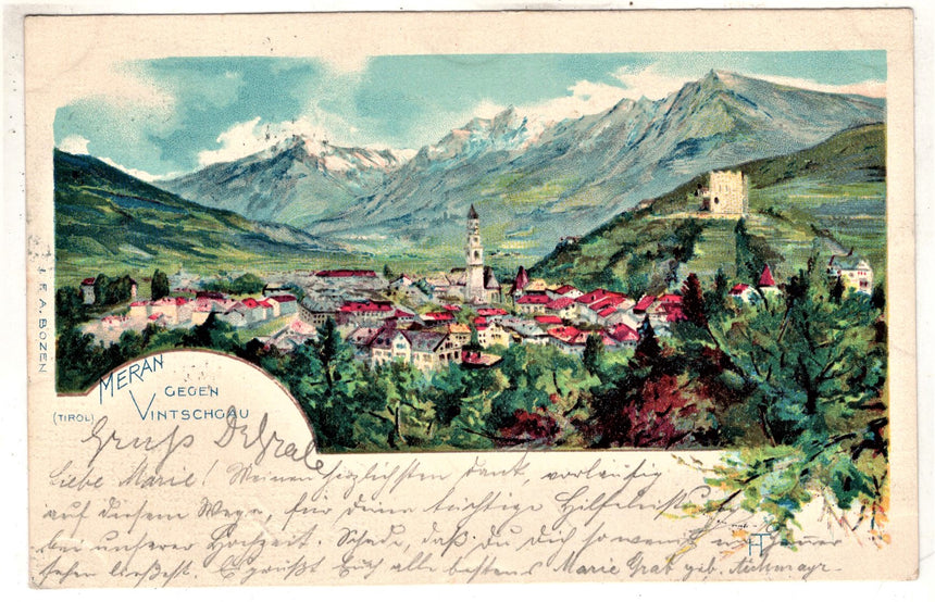 Cartolina antica Merano Meran gegen Vintschgau