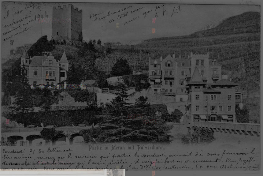 Cartolina antica Merano partie in Meran mit Pulverturm
