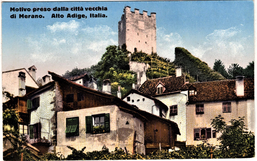 Cartolina antica Merano panorama titolo in italiano dopo il passaggio del Sudtirolo all Italia