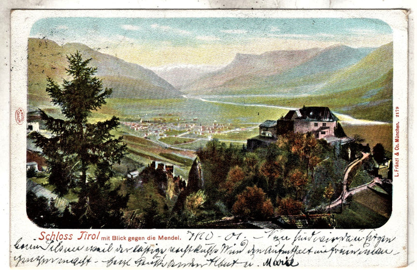 Cartolina antica Merano  Schloss Tirol mit blick gegen die Mendel