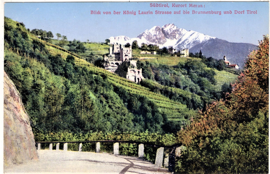 Cartolina antica Merano blick von der Konig Laurin strasse und Dorf Tirol